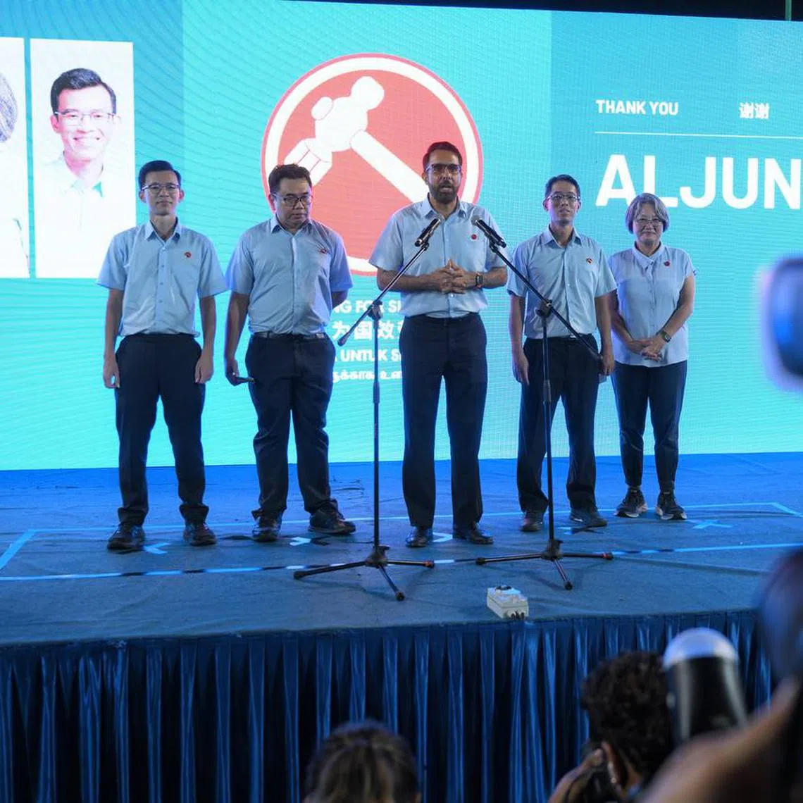 The WP's Aljunied GRC candidates (from left) Kenneth Tiong, Fadli Fawzi, Pritam Singh, Gerald Giam and Sylvia Lim on May 4.