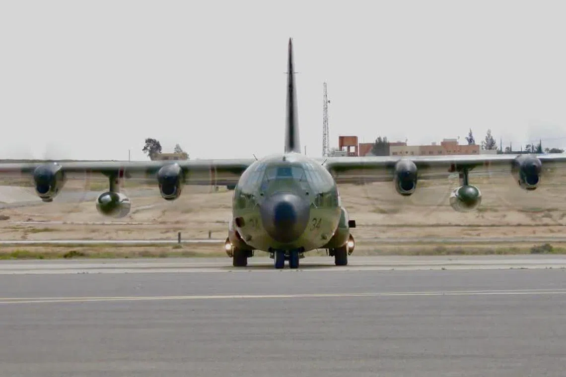 The RSAF's C-130 transport aircraft arriving in Amman, Jordan on March 16, 2024, to deliver humanitarian aid for civilians in Gaza.