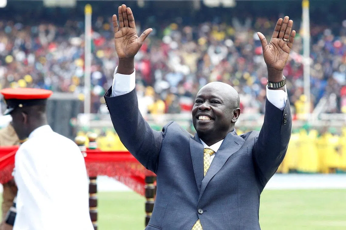 FILE PHOTO: Kenya's incoming deputy President Rigathi Gachagua waves to supporters as he arrives for his swearing-in ceremony in Nairobi, Kenya September 13, 2022. REUTERS/Monicah Mwangi/File Photo