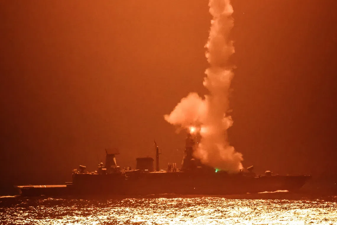 German Navy frigate Sachsen (Saxony) launching a missile near Harstad, Norway, on Oct 14, 2025. 