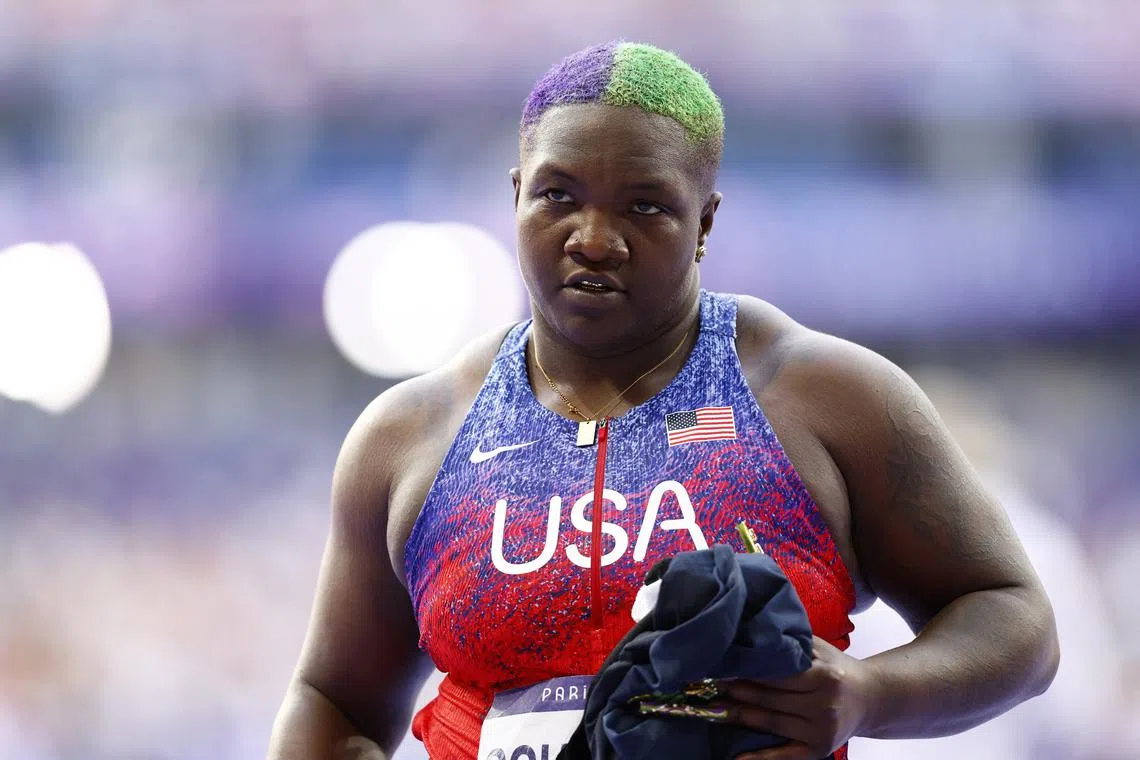 FILE PHOTO: Paris 2024 Olympics - Athletics - Women's Shot Put Final - Stade de France, Saint-Denis, France - August 09, 2024. Raven Saunders of United States during the Women's Shot Put Final REUTERS/Alina Smutko/File Photo