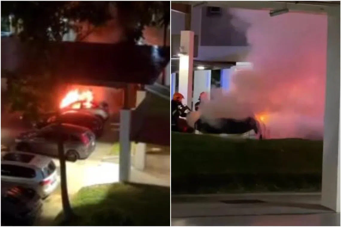 The fire involved the engine compartment of the car. 