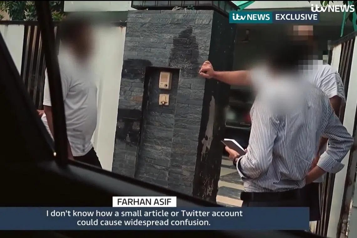 British reporters questioning suspect Farhan Asif at a house in Pakistan. He faces charges of cyber terrorism, after allegedly spreading disinformation on his clickbait website that led to riots in the UK.