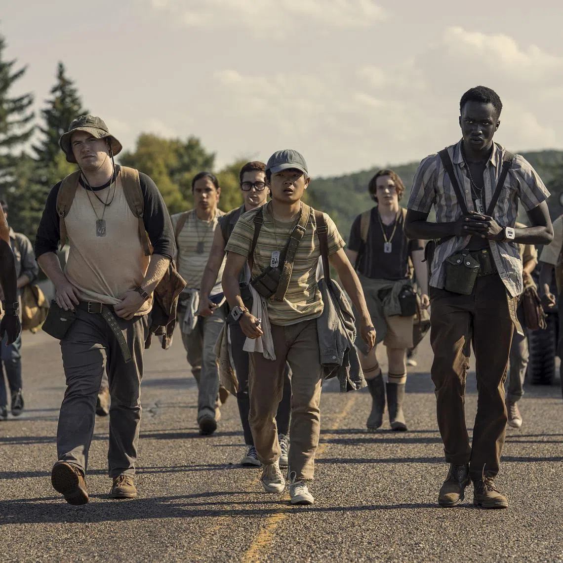 (From left) David Jonsson, Cooper Hoffman, Ben Wang and Tut Nyuot in The Long Walk.