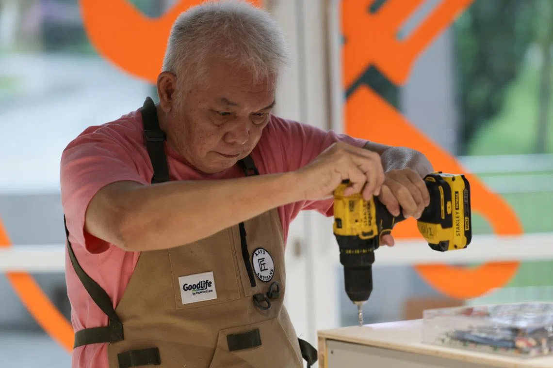 ST20240408_202446663017: Gin Tay/ thageing13/ Theresa Tan GM/
Michael Thio 69, retiree, taking part as a Kayu Artisan at Goodlife Studio (Bukit Purmei), a male-centric woodworking studio, on April 8, 2024.