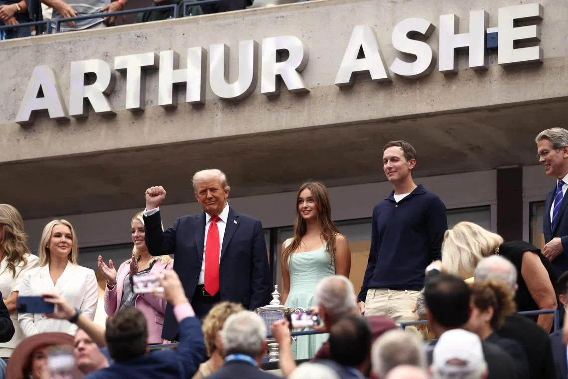 US President Donald Trump arriving at Flushing Meadows with government officials and family members to watch the men's US Open final between Carlos Alcaraz and Jannik Sinner.