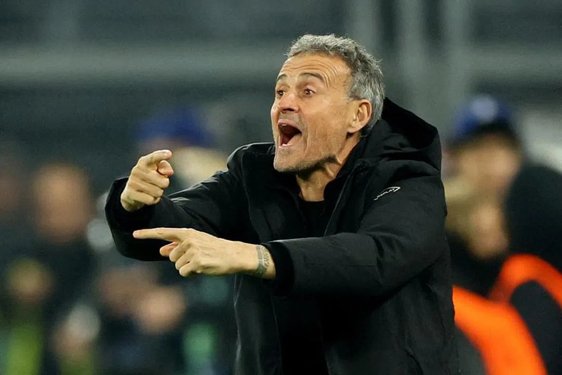 FILE PHOTO: Soccer Football - Champions League - Group F - Borussia Dortmund v Paris St Germain - Signal Iduna Park, Dortmund, Germany - December 13, 2023 Paris St Germain coach Luis Enrique reacts REUTERS/Wolfgang Rattay/File Photo