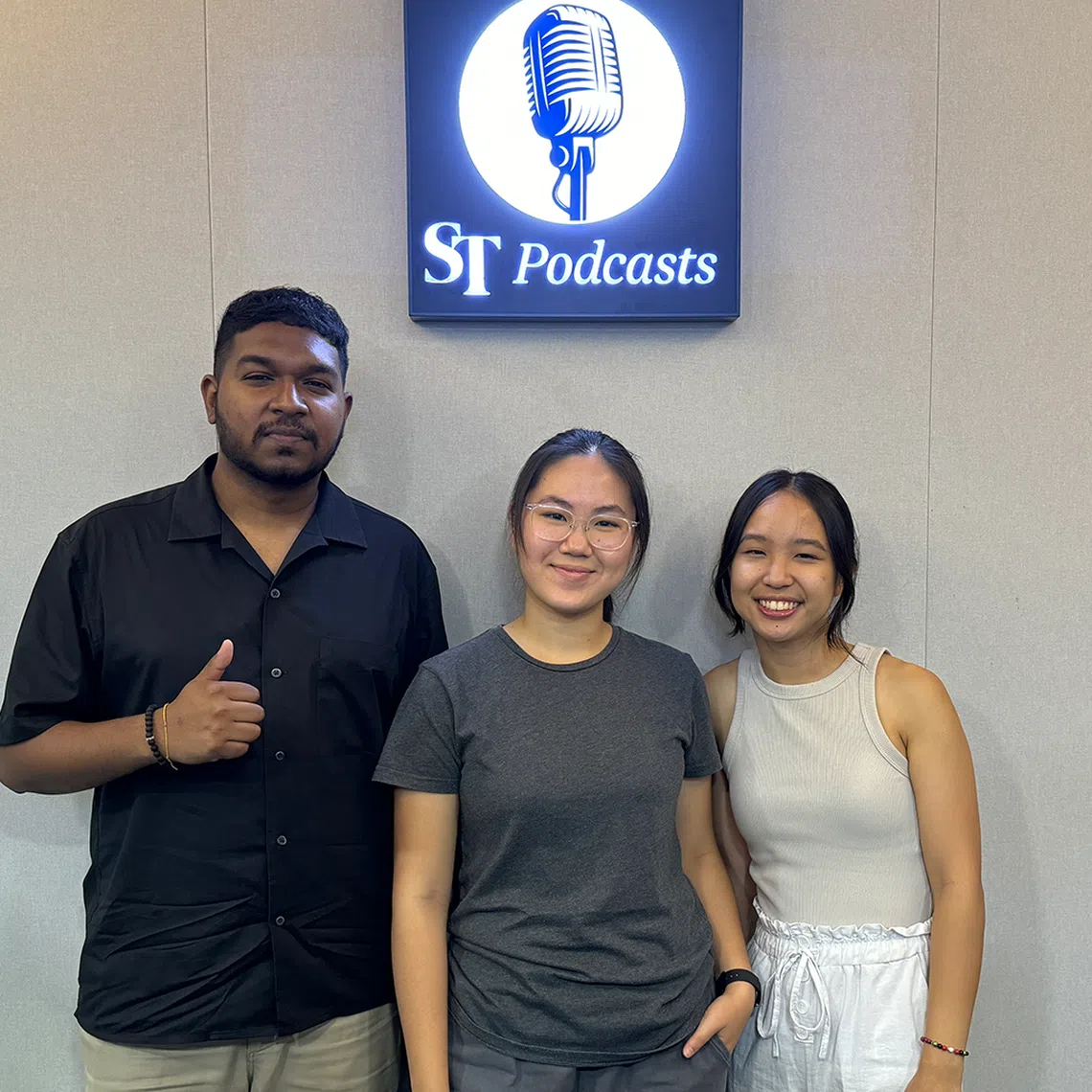 (From left) ST sports reporter Deepanraj Ganesan along with Singaporean NTU students Heng Yi-Hsin and Charis Chua at the ST podcast studio.