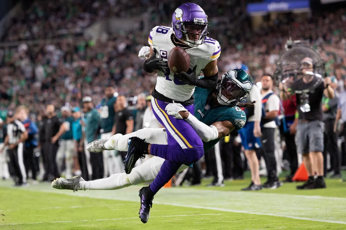 Sep 14, 2023; Philadelphia, Pennsylvania, USA; Minnesota Vikings wide receiver Justin Jefferson (18) fumbles the ball out of bounds in the end zone while being tackled by Philadelphia Eagles safety Terrell Edmunds (26) during the second quarter at Lincoln Financial Field. Mandatory Credit: Bill Streicher-USA TODAY Sports/File Photo