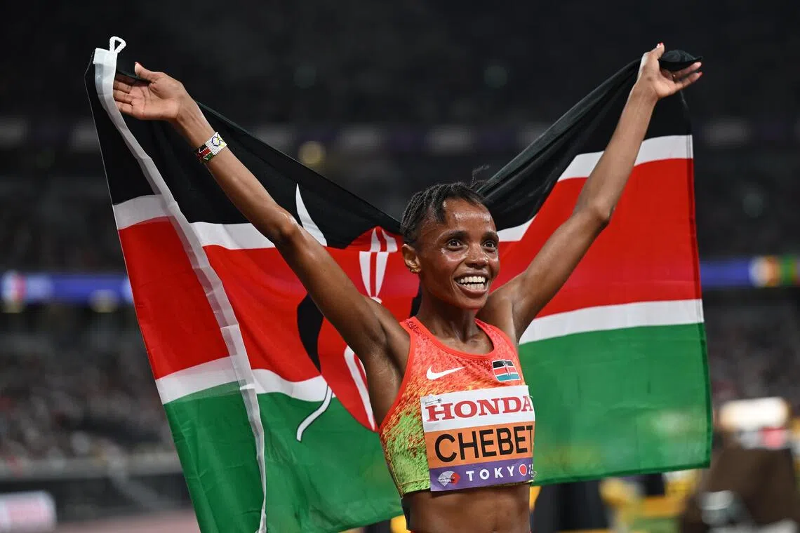 Kenya's Beatrice Chebetcelebrates after winning the women's 5000m final at the World Athletics Championships 2025 in Tokyo, Japan.