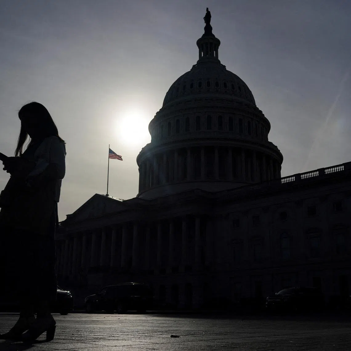 FILE PHOTO: A person uses a mobile phone with the U.S. Capitol building in the background, on the day Republican U.S. Senator John Thune (R-SD) was elected to become the next Senate Majority Leader, following the U.S. Senate Republicans leadership election, on Capitol Hill in Washington, U.S., November 13, 2024. REUTERS/Nathan Howard/File Photo
