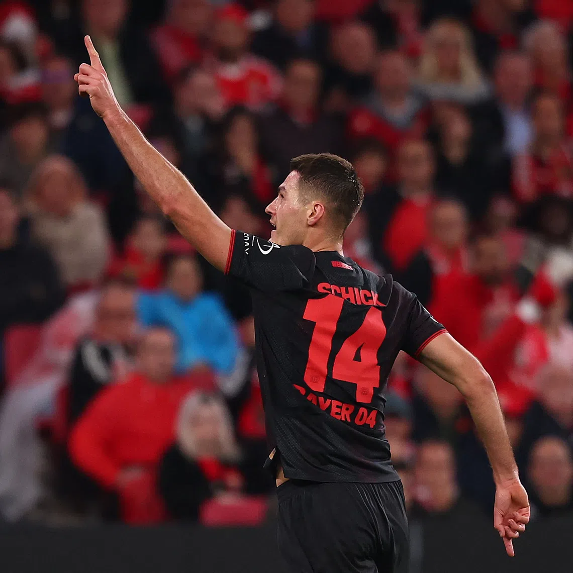 Soccer Football - UEFA Champions League - Benfica v Bayer Leverkusen - Estadio da Luz, Lisbon, Portugal - November 5, 2025 Bayer Leverkusen's Patrik Schick celebrates scoring their first goal REUTERS/Pedro Nunes