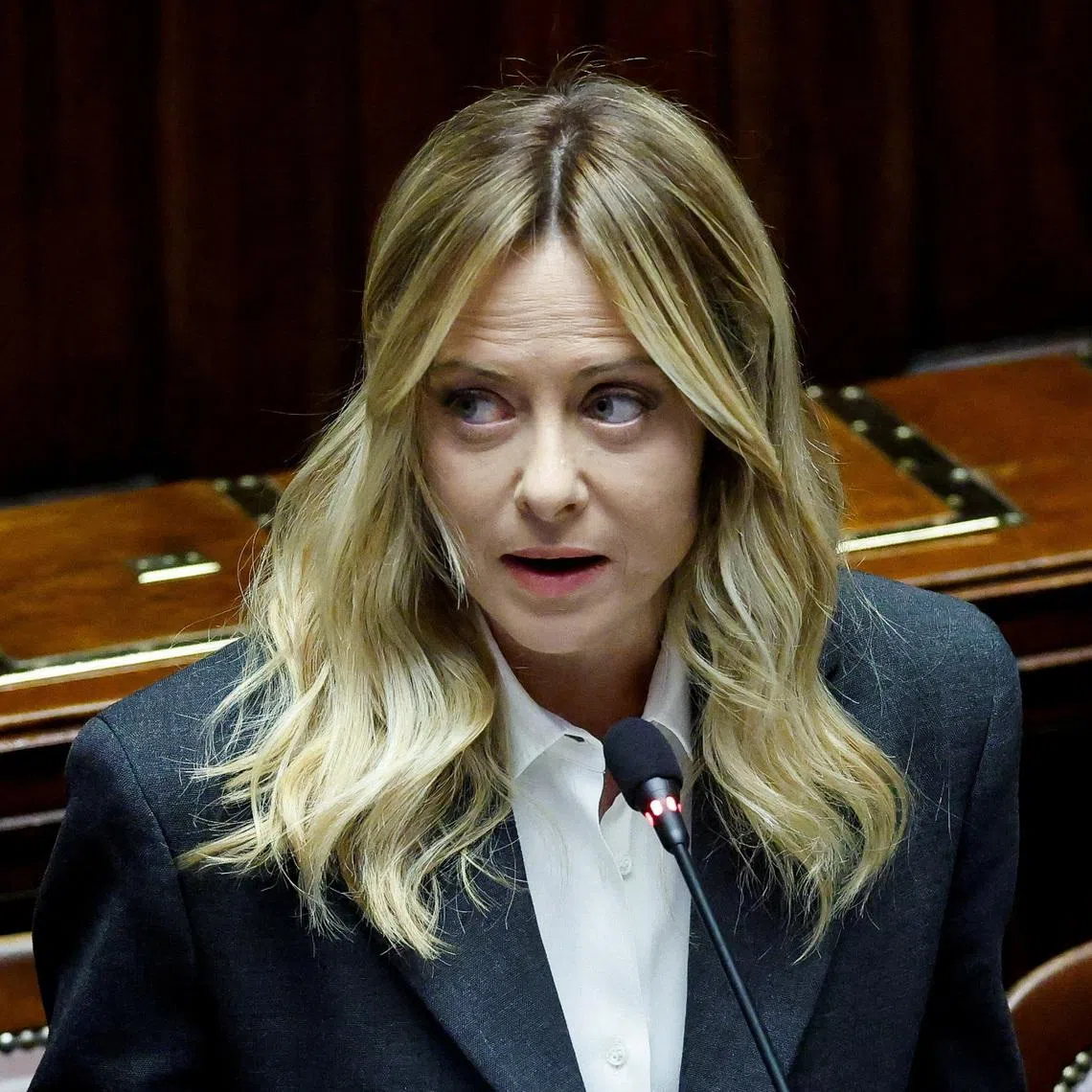 Italy's Prime Minister Giorgia Meloni speaks at the lower house of Parliament to report on her government’s actions and is expected to speak on the latest developments in Iran, in Rome, Italy, April 9, 2026.