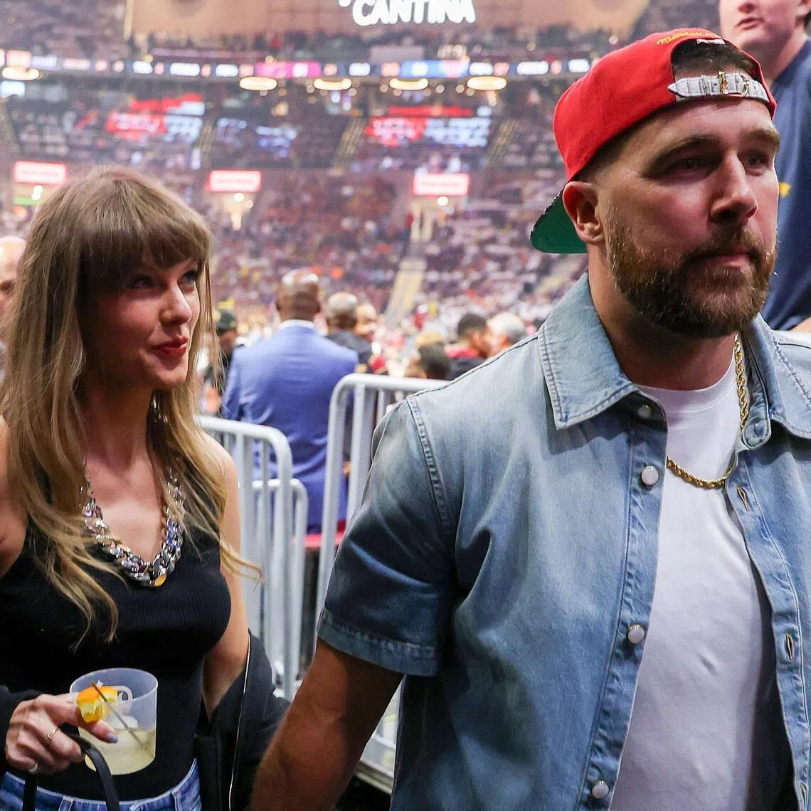 CLEVELAND, OHIO - MAY 23: (L-R) Singer Taylor Swift and Travis Kelce of the Kansas City Chiefs attend Game Three between the New York Knicks and the Cleveland Cavaliers in the NBA Eastern Conference Finals at Rocket Arena on May 23, 2026 in Cleveland, Ohio. NOTE TO USER: User expressly acknowledges and agrees that, by downloading and or using this photograph, User is consenting to the terms and conditions of the Getty Images License Agreement.   Gregory Shamus/Getty Images/AFP (Photo by Gregory Shamus / GETTY IMAGES NORTH AMERICA / Getty Images via AFP)