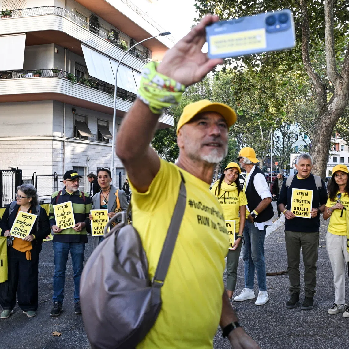 Supporters protest with signs reading “Truth for Giulio Regeni” outside the Piazzale Clodio courthouse in Rome, Italy, on Sept 28.
