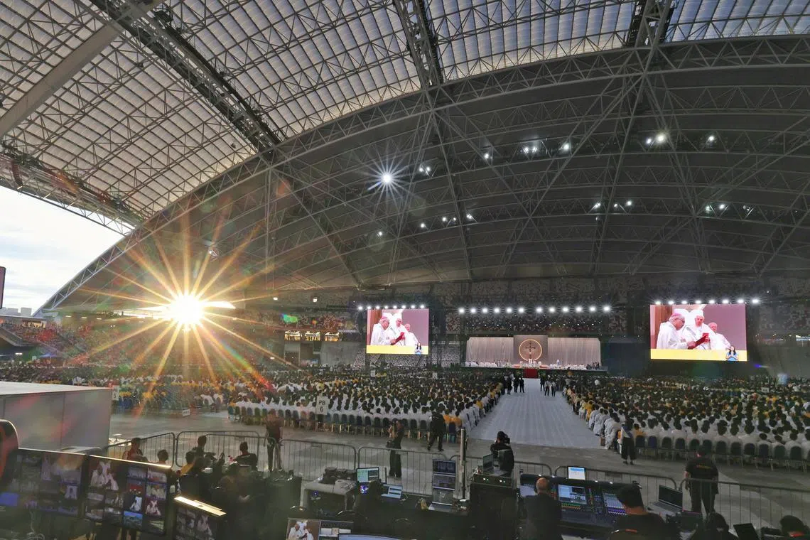 More than 50,000 people who gathering for the Papal Mass at the National Stadium on Sept 12, 2024.
