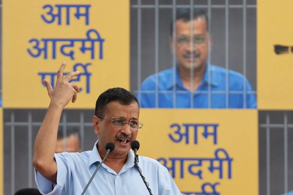 FILE PHOTO: Delhi Chief Minister Arvind Kejriwal addresses supporters and members of the Aam Aadmi Party (AAP) at the party's headquarters in New Delhi, India, June 2, 2024. REUTERS/Anushree Fadnavis/File Photo
