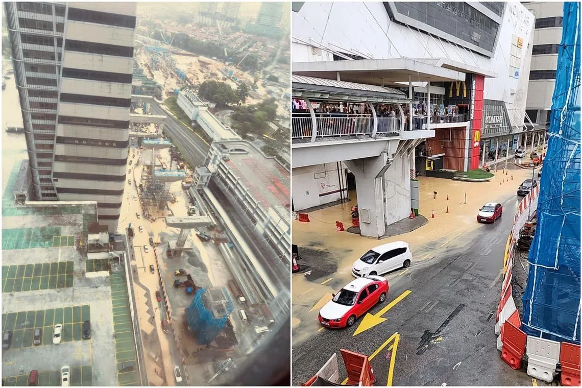 Vehicles navigating through the muddy waters along Jalan Wong Ah Fook in Johor Bahru.
