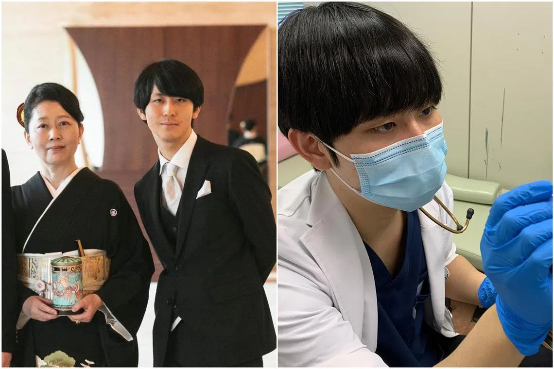 Mrs Junko Takashima, 61, with her late son, Dr Shingo Takashima, 26, who died after clocking 207 hours of overtime in a month.