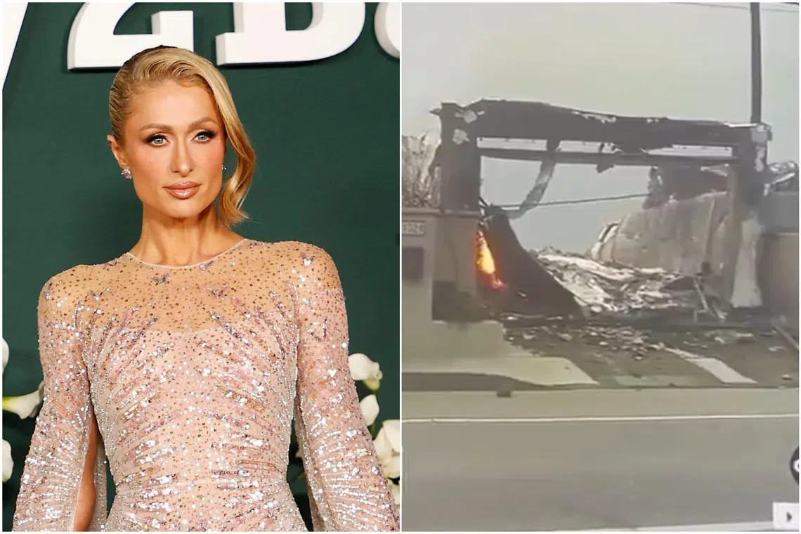 Hotel heiress Paris Hilton watched her seafront Malibu home burn to the ground on live TV.