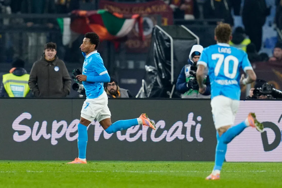 Soccer Football - Serie A - AS Roma v Napoli - Stadio Olimpico, Rome, Italy - November 30, 2025 Napoli's David Neres celebrates scoring their first goal REUTERS/Matteo Ciambelli