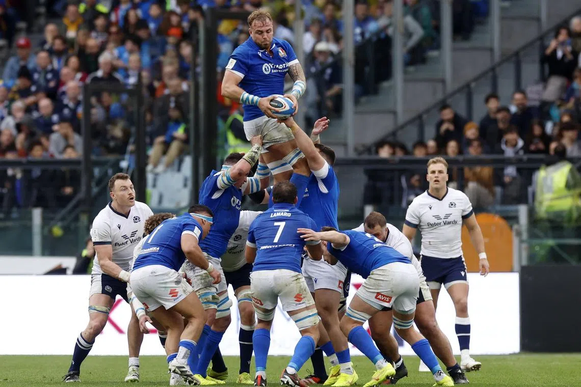 Rugby Union - Six Nations Championship - Italy v Scotland - Stadio Olimpico, Rome, Italy - March 9, 2024 Italy's Lorenzo Cannone in action during a line out REUTERS/Remo Casilli