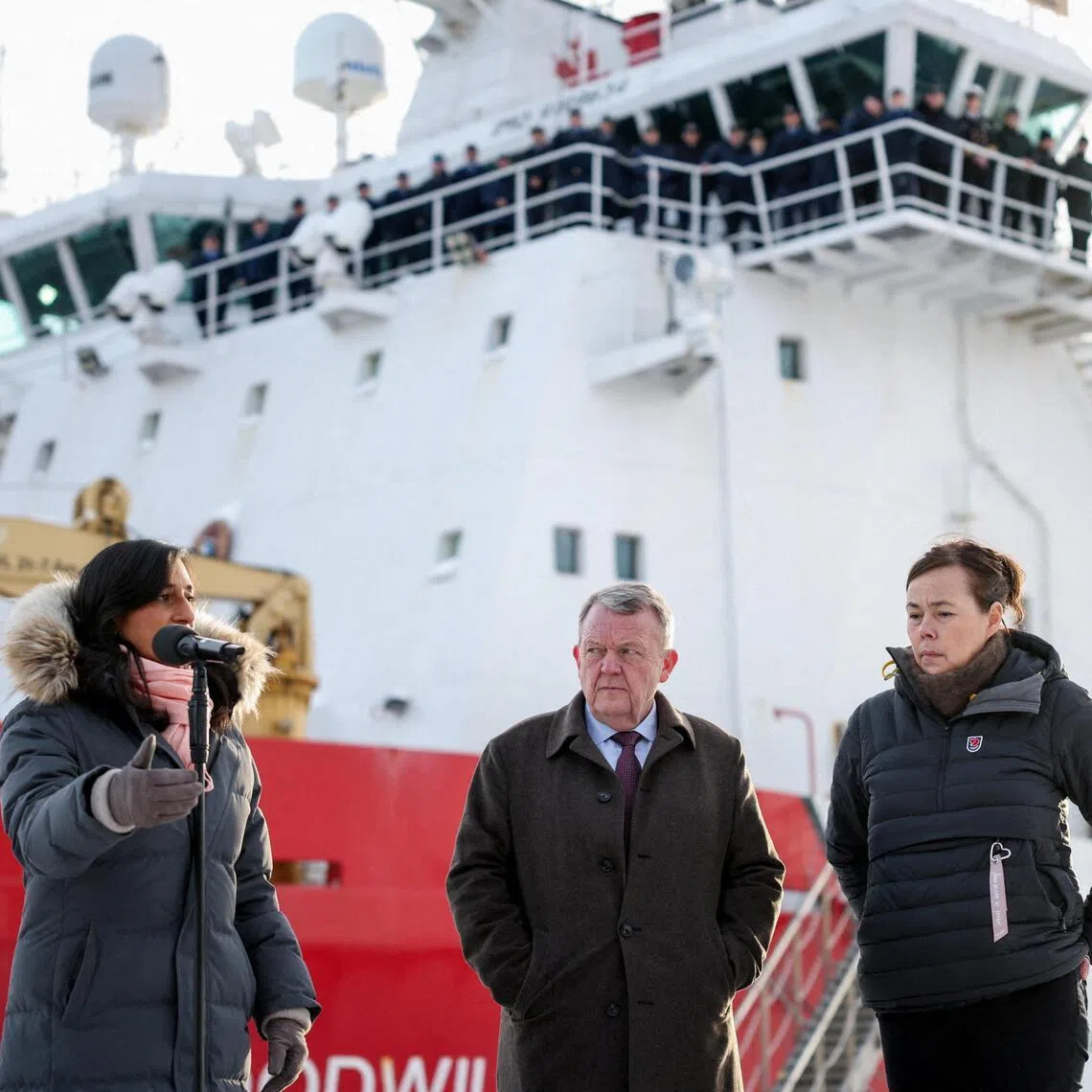 (From left) Canadian Foreign Minister Anita Anand, Danish Foreign Minister Lars Lokke Rasmussen and Greenland Foreign Minister Vivian Motzfeldt holding a press conference in Nuuk, Greenland, on Feb 7.