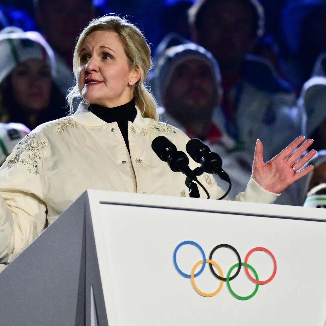 International Olympic Committee (IOC) president Kirsty Coventry at the Milano Cortina Winter Olympic Games closing ceremony in Verona on Feb 22, 2026. She wants the IOC to take a leading role in finding consensus on gender equity in sport.