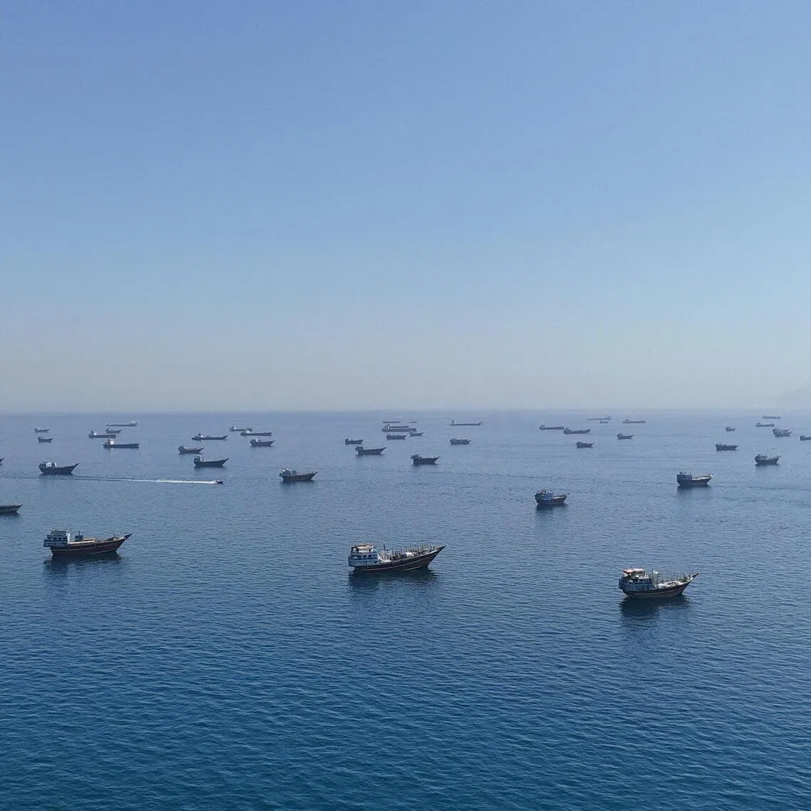 A drone view of vessels anchored in the Strait of Hormuz on June 8, 2026. 