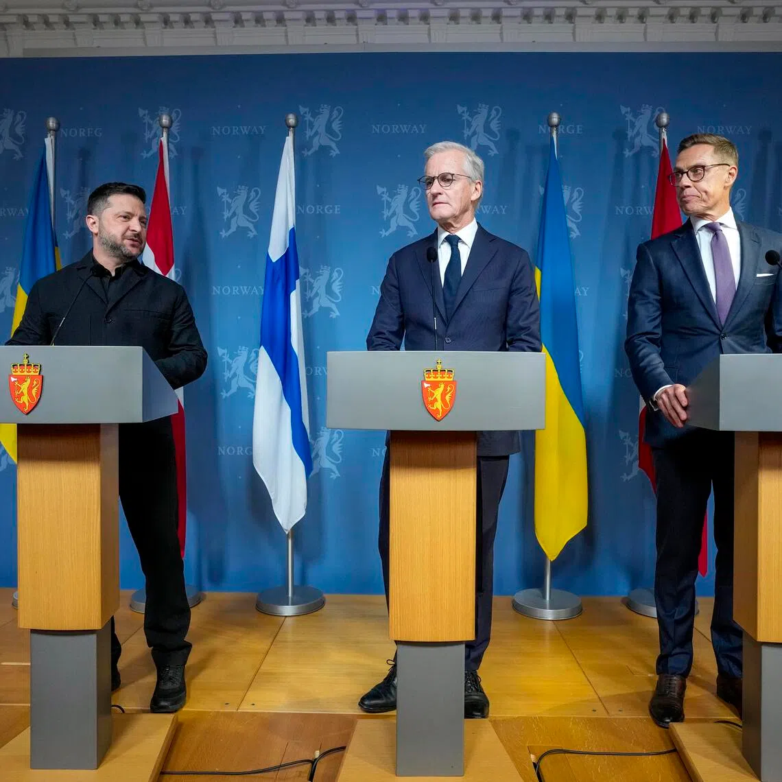 Ukrainian President Volodymyr Zelensky (left) taking part in a press briefing in Oslo, Norway, on Oct 20, with Norway’s Prime Minister Jonas Gahr Store (centre) and Finnish President Alexander Stubb.