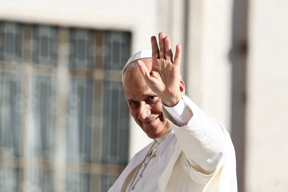 Pope Leo XIV gestures on the day of a general audience in St. Peter's Square at the Vatican, October 8, 2025. REUTERS/Yara Nardi