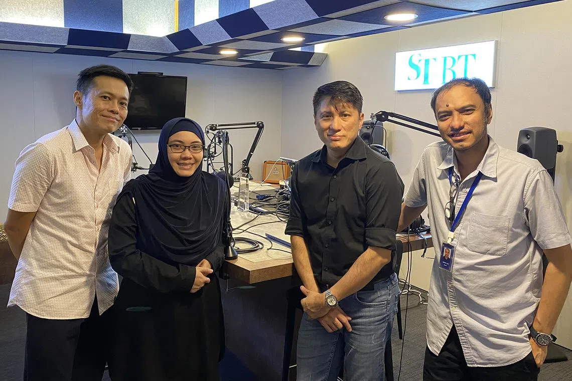 ST's senior transport correspondent Lee Nian Tjoe (extreme left) hosts Mr Say Kwee Neng (second from right) who has been in the motor trade for more than 20 years. They are in the studio with podcast editor Ernest Luis (extreme right) and podcast producer Fa'izah Sani (second from left).