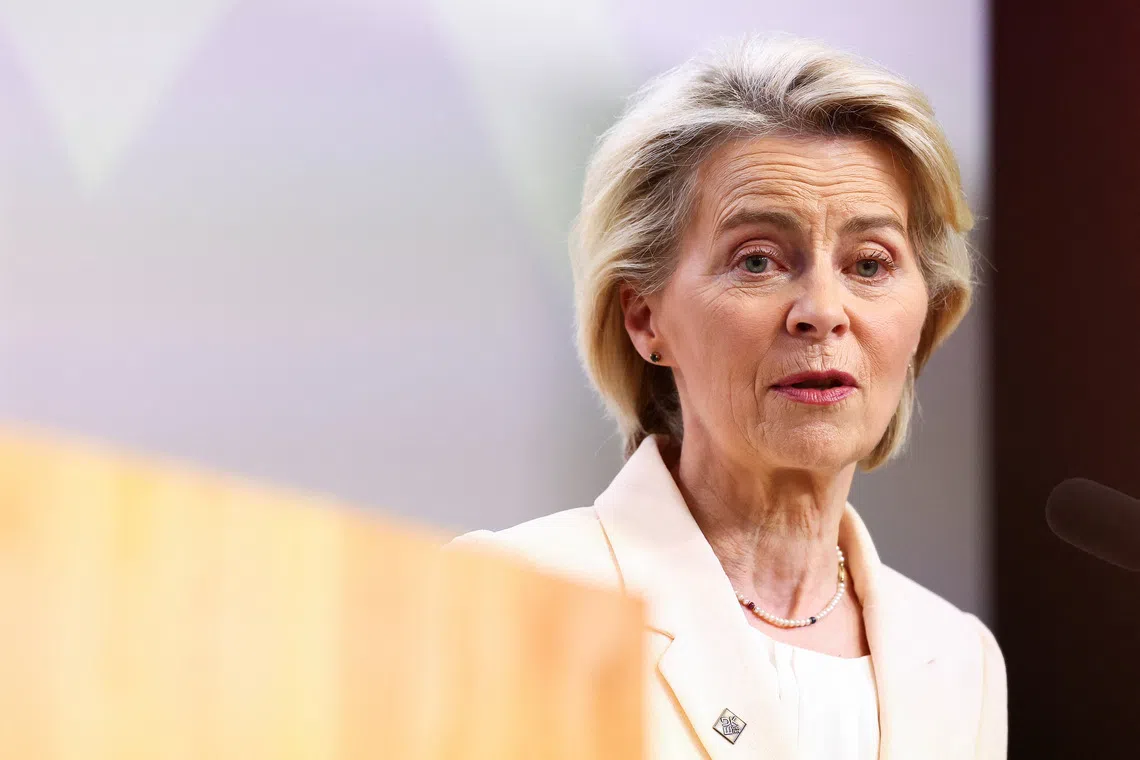 President of the European Commission Ursula von der Leyen speaks next to European Council President Antonio Costa and Denmark's Prime Minister Mette Frederiksen (not pictured) during a press conference, on the day of the meeting of European Union leaders in Copenhagen, Denmark, October 1, 2025. REUTERS/Piroschka van de Wouw
