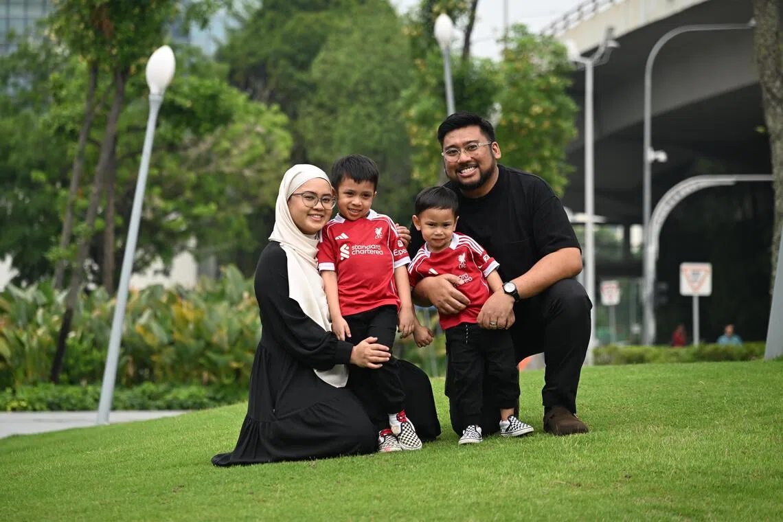 (From left) Hasmidah Abdul Hamid, 36, a preschool educator, Nael Aqeef Muhammad Fazwan, 6, Noah Aryan Muhammad Fazwan, 2, and Muhammad Fazwan Idris, 36, an accounts manager, on Oct 24.