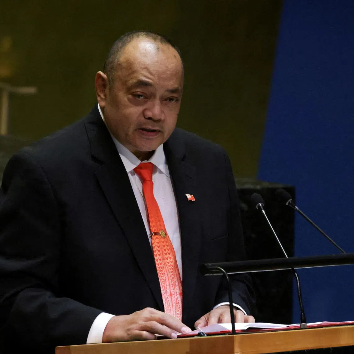 FILE PHOTO: Tonga's Prime Minister Siaosi 'Ofakivahafolau Sovaleni addresses the 79th United Nations General Assembly at U.N. headquarters in New York, U.S., Sept. 27, 2024. REUTERS/Kent J. Edwards/File Photo