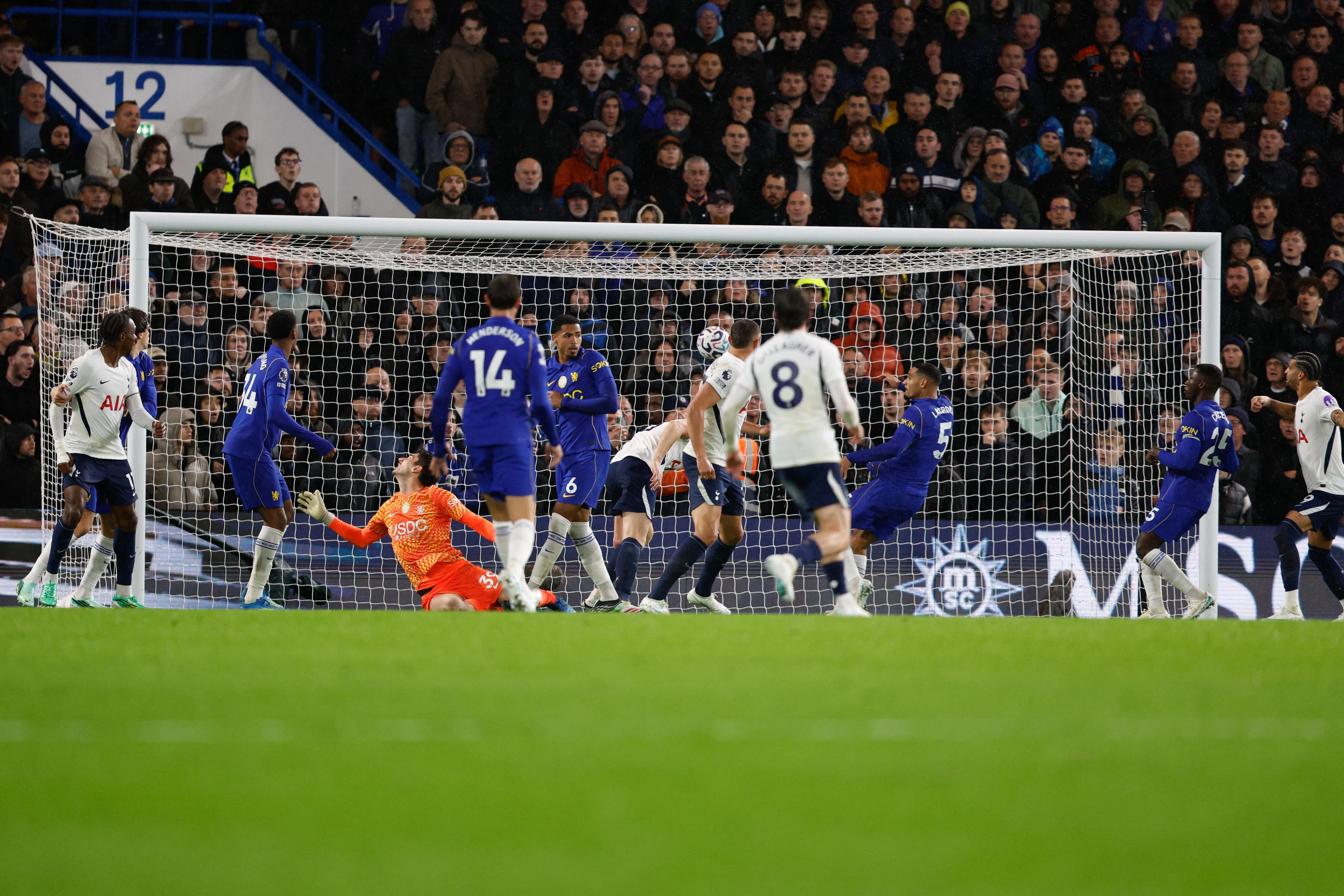Chelsea goalkeeper Mike Penders scores an own goal against Tottenham.