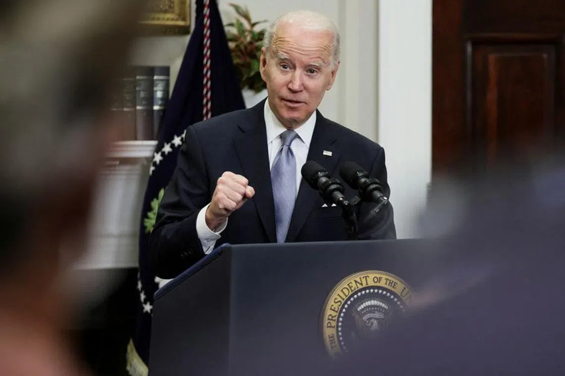 FILE PHOTO: U.S. President Joe Biden announces an additional $800 million security assistance package for Ukraine as he delivers an update on U.S. efforts related to Russia's invasion, during a speech in the Roosevelt Room at the White House in Washington, U.S., April 21, 2022. REUTERS/Evelyn Hockstein/File Photo
