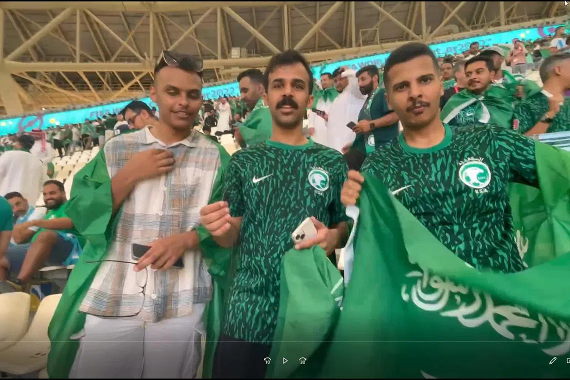 Saudi fans (from left to right) Saud Fahad, Raeed Dossary and Mohammed Al-Zahran celebrating in the stands after their team's 2-1 win over Argentina on Tuesday.