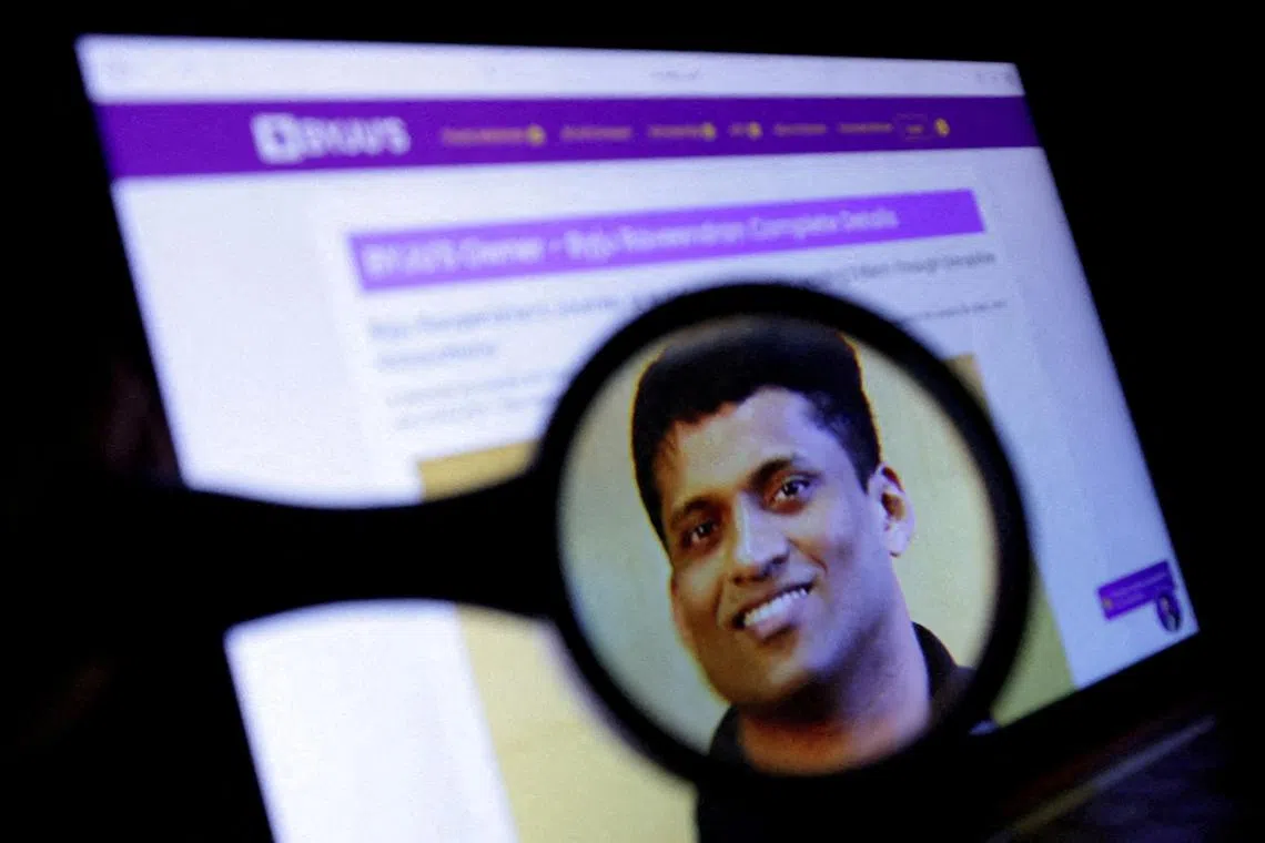 FILE PHOTO: A photograph of Byju's owner Byju Raveendran is seen on his company's web page in this illustration taken, July 17, 2024. REUTERS/Dado Ruvic/File Photo