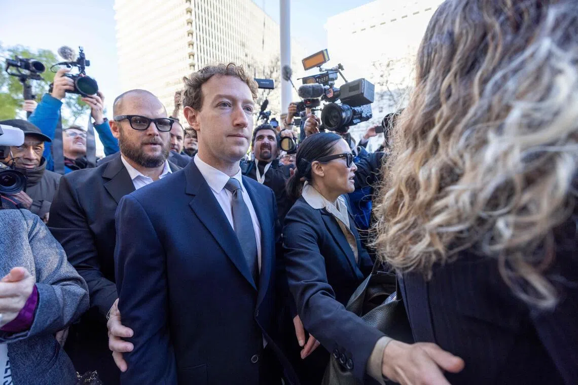 Meta Platforms chief Mark Zuckerberg (centre left) arriving at the Los Angeles Superior Court on Feb 18, in Los Angeles, California.
