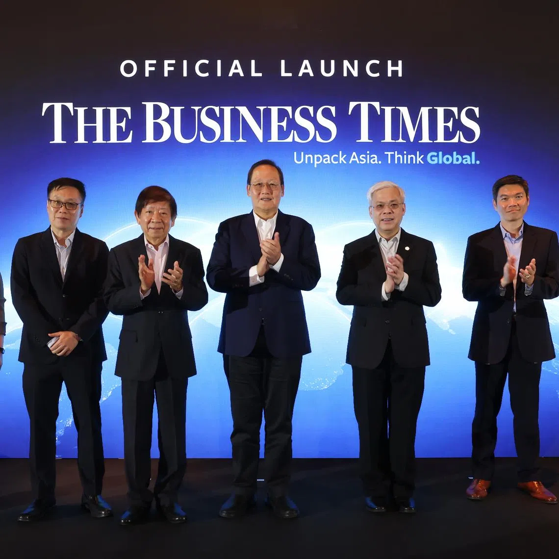 The Business Times Global was launched by SPH Media chairman Khaw Boon Wan (second from left), Manpower Minister Tan See Leng (centre) and SPH Media CEO Chan Yeng Kit (third from right).