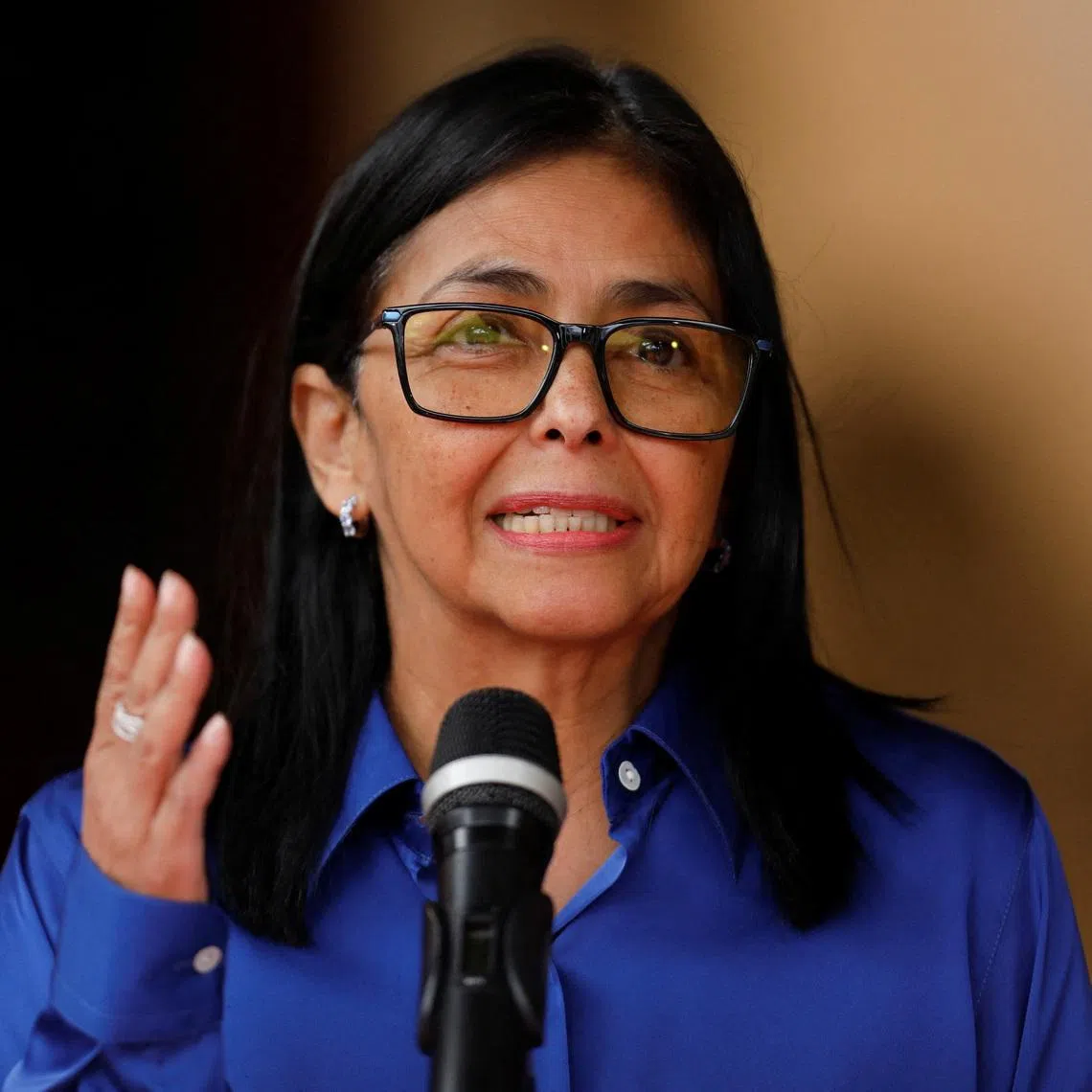 Venezuela's interim president Delcy Rodriguez speaks during a press conference, more than a week after the U.S. launched a strike on the country and captured President Nicolas Maduro and his wife Cilia Flores, at Miraflores Palace in Caracas, Venezuela, January 14, 2026. REUTERS/Leonardo Fernandez Viloria