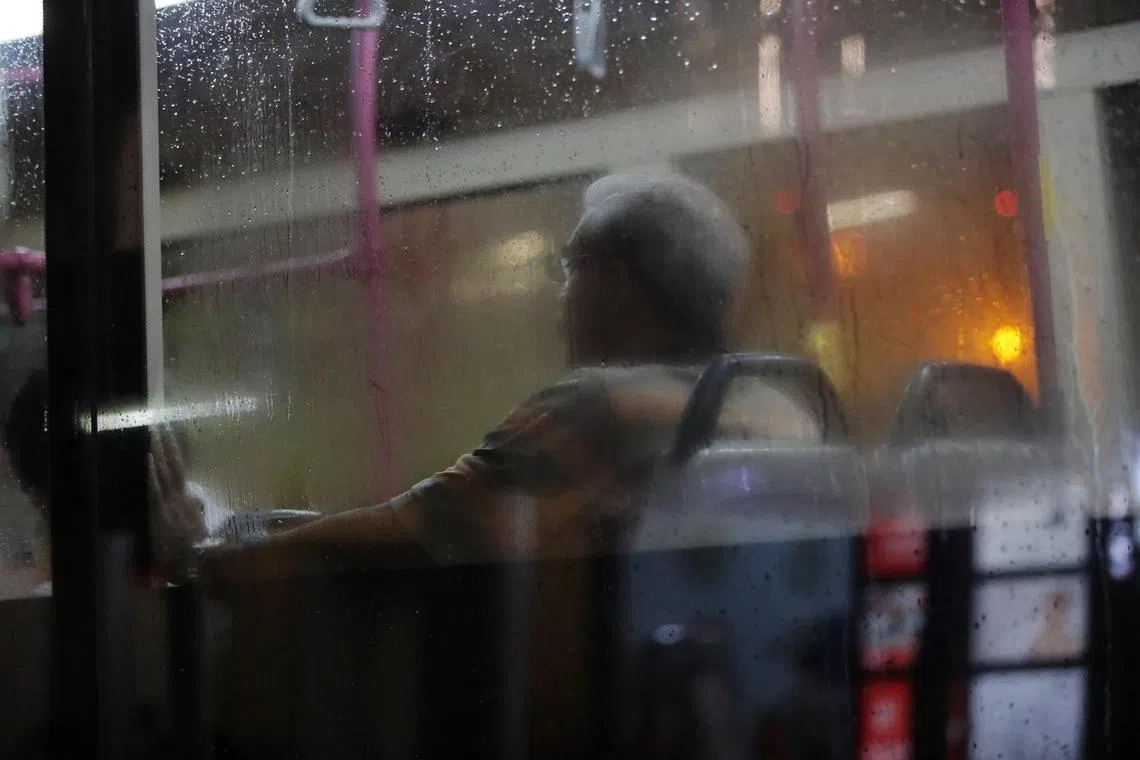 ST20230302_202340719137: Gin Tay / pixgeneric/
Generic photo of an elderly man on a bus on a rainy day taken on Mar 2, 2023. 
Can use for story on weather, depression, aging, retirement, public transportation, wet weather, 