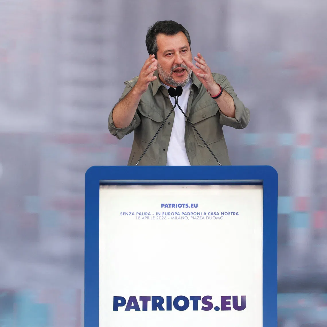 FILE PHOTO: Italy's Deputy Prime Minister and League party leader Matteo Salvini speaks on stage at a European far-right parties summit in Milan, Italy, April 18, 2026. REUTERS/Claudia Greco/File Photo