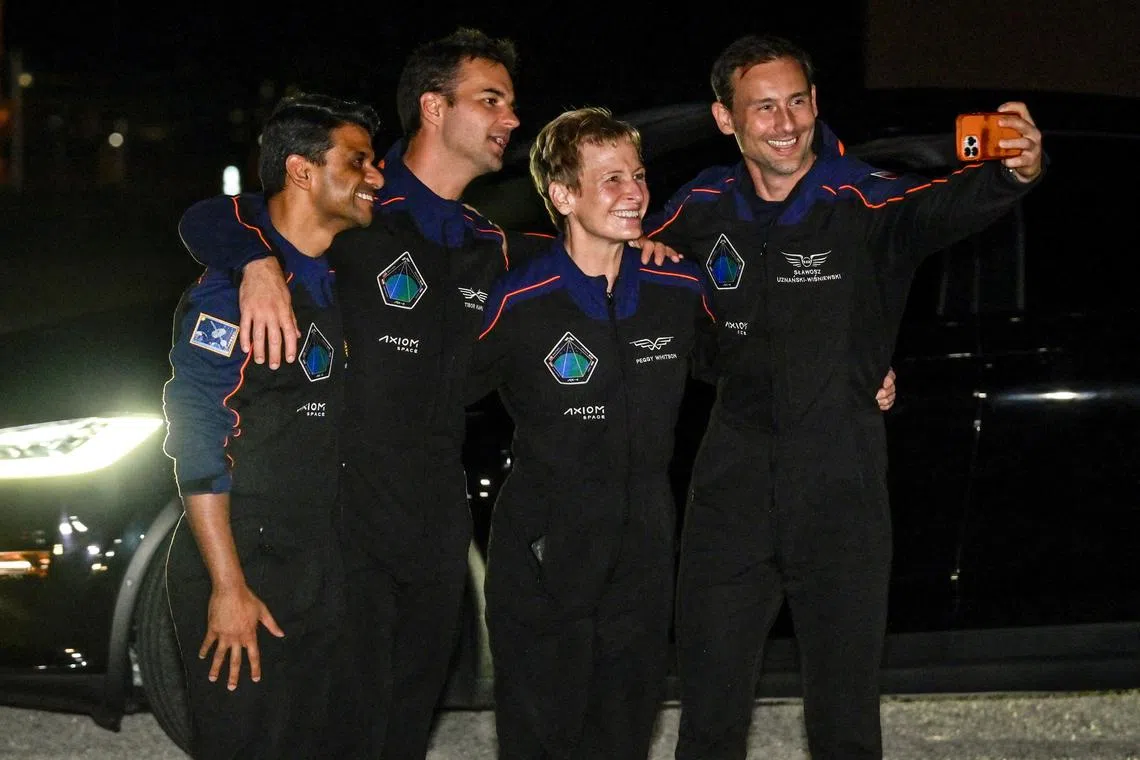 Axiom-4 crew members (from left)  Shubhanshu Shukla, Tibor Kapu, Peggy Whitson and Slawosz Uznanski-Wisniewski taking a selfie before their mission to the International Space Station, on June 24.