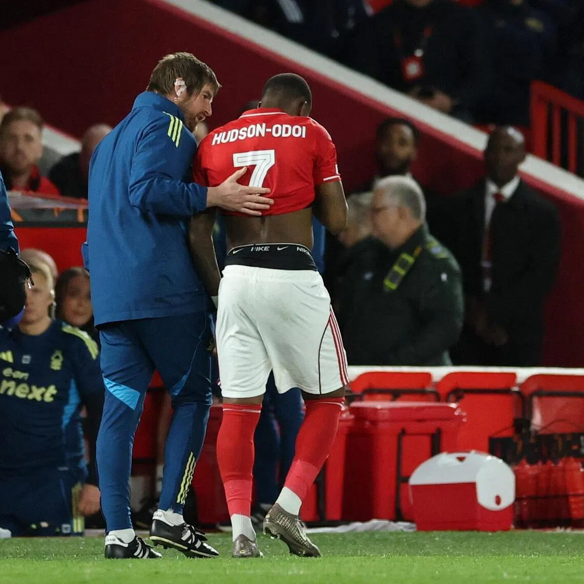 Nottingham Forest's Callum Hudson-Odoi walking off the pitch with an injury during their Europa League match against Porto on April 16.
