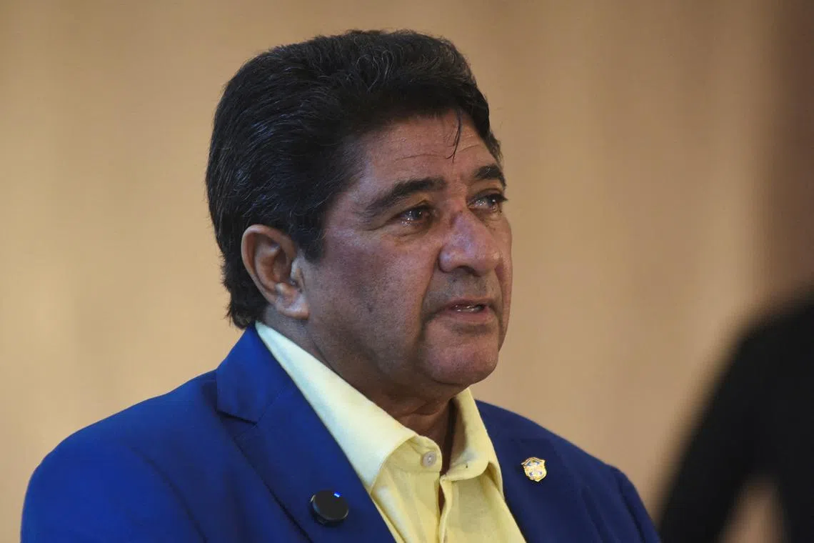 FILE PHOTO: Brazilian Football Confederation President Ednaldo Rodrigues talks to media, after coach Dorival Jr, has been sacked, at the CBF headquarters in Rio de Janeiro, Brazil, March 28, 2025. REUTERS/Tita Barros/File Photo