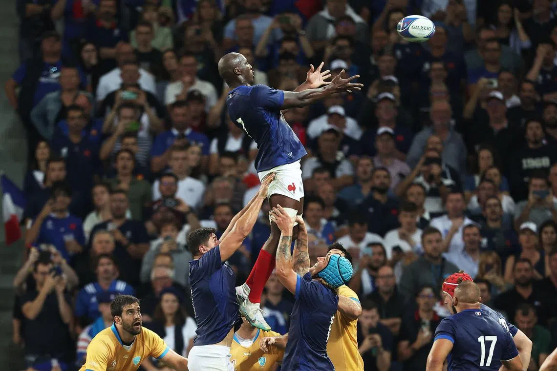 France's flanker Sekou Macalou looking at the ball in a line-out during the  Rugby World Cup Pool A match against Uruguay.