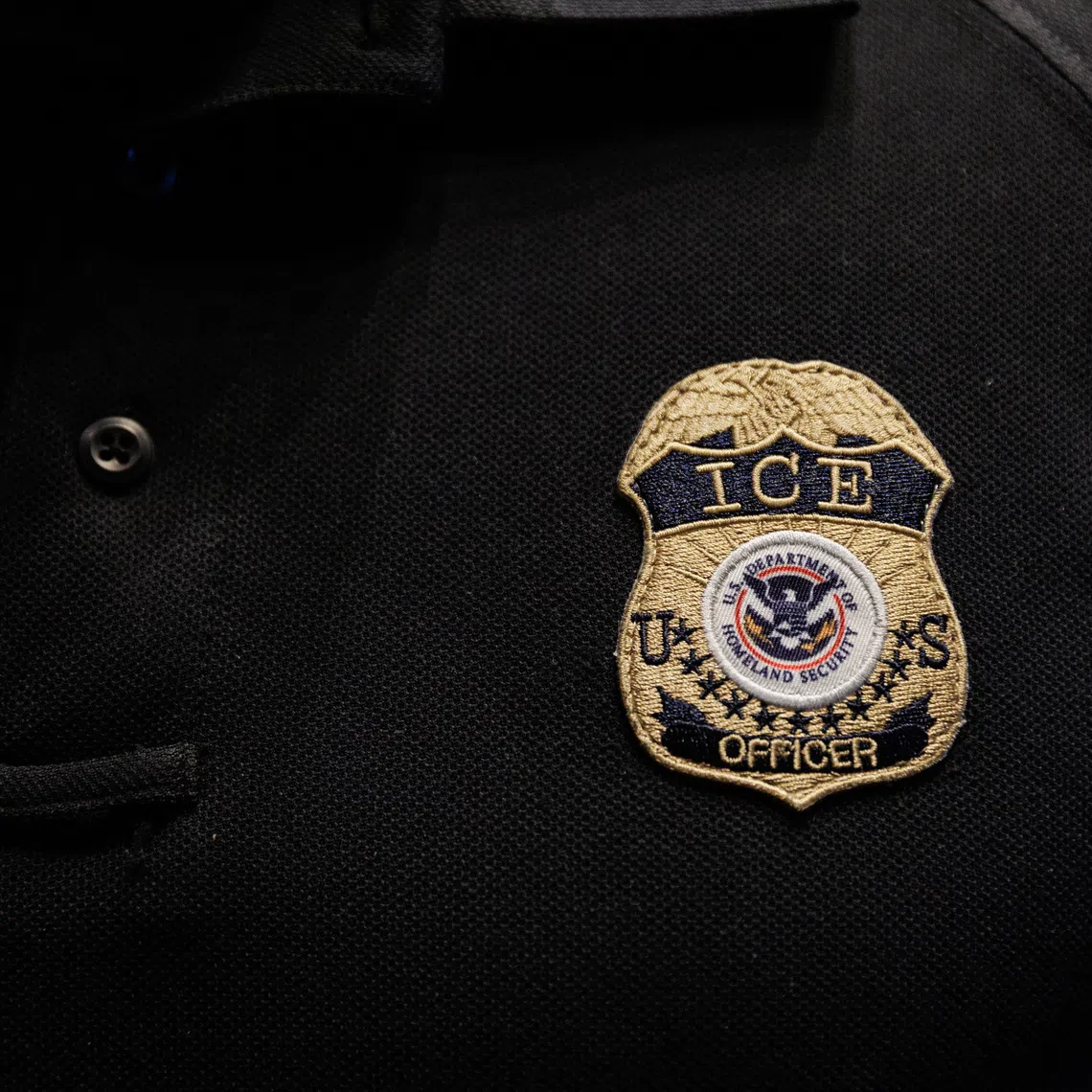 The badge of a U.S. Immigration and Customs Enforcement (ICE) is embroidered on a polo shirt of an ICE employee, at a U.S. Immigration and Customs Enforcement  two-day job fair in Texas to help fill vacancies for deportation officers and attorneys, in Arlington, Texas, U.S. August 26, 2025.  REUTERS/Shelby Tauber