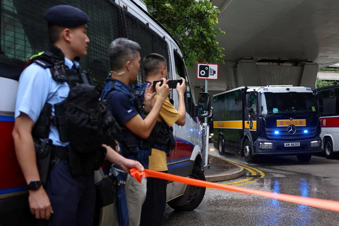 A prison van believed to be carrying Jimmy Lai arrives at the West Kowloon Magistrates’ Courts building for the closing submissions in the national security collusion trial of Jimmy Lai, founder of the now-defunct pro-democracy newspaper Apple Daily, in Hong Kong, China, August 18, 2025. REUTERS/Tyrone Siu
